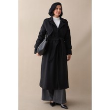 inStyle Tek Kapaklı Cepli Kuşaklı Siyah Kaşe Kaban