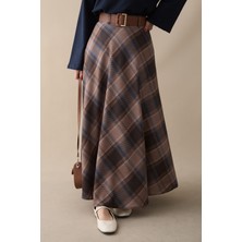 inStyle Kemerli Ekose Desenli Sütlü Kahve Etek