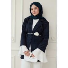 inStyle Çizgili Kolları Volanlı Lacivert Blazer Ceket