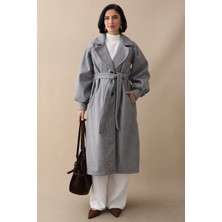 inStyle Kruvaze Balon Kol Kuşaklı Astarsız Kırçıllı Açık Gri Kaşe Kaban