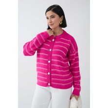 inStyle Ince Şeritli Fuşya Triko Hırka