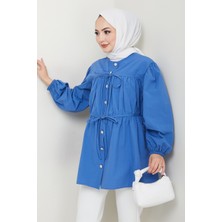 inStyle Taş Düğmeli Büzgülü Saks Mavisi Gömlek