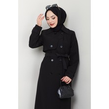 inStyle Kapak Detay Uzun Astarlı Siyah Trençkot