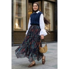 inStyle Otantik Desen Asimetrik Lacivert Tül Etek