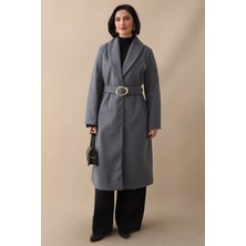 inStyle Şal Yaka Astarsız Gold Kemerli Antrasit Kaşe Kaban