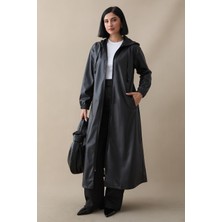 inStyle Kapüşonlu Uzun Deri Siyah Kap