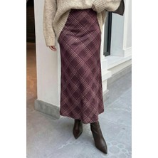 inStyle Çizgili Ekose Desen Bordo Saten Etek