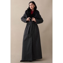 inStyle Yakası Kürklü Astarlı Kuşaklı Gri Kaşe Kaban