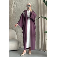 inStyle Yakası Taşlı Yarasa Kol Elbiseli Abaya Gül Kurusu