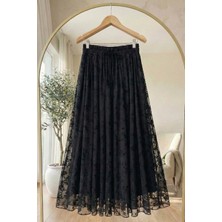 inStyle Çiçekli Flok Tül Astarlı Siyah Etek