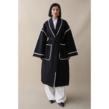 inStyle Çoban Dikiş Kuşaklı Siyah Kaşe Kaban