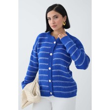 inStyle Ince Şeritli Saks Mavisi Triko Hırka