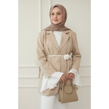 inStyle Çizgili Kolları Volanlı Bej Blazer Ceket