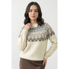 inStyle Yakası Desenli Ekru Triko Kazak