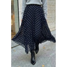 inStyle Puantiye Desen Asimetrik Lacivert Kırışık Şifon Etek