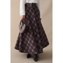 inStyle Kemerli Ekose Desenli Mürdüm Etek