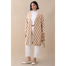 inStyle Şeritli Tüylü Bej Triko Hırka