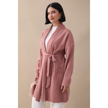 inStyle Yakası Desenli Nakışlı Gül Kurusu Triko Ceket