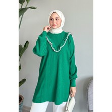 inStyle Fırfırlı Dikiş Detay Yeşil Triko Kazak