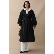 inStyle Kruvaze Balon Kol Kuşaklı Astarsız Siyah Kaşe Kaban