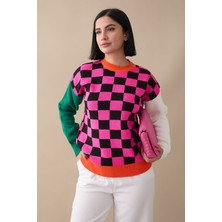 inStyle Monsa Kare Ekose Desen Triko Kazak - Fuşya