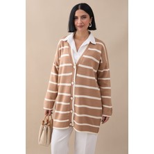 inStyle Salaş Şeritli Camel Triko Hırka