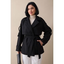inStyle Kolu Apolet Kaşe Siyah Kısa Kaban
