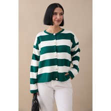 inStyle Gold Düğmeli Şeritli Zümrüt Yeşili Triko Hırka