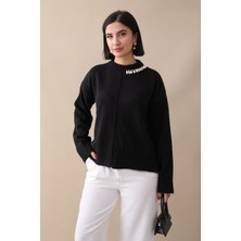 inStyle Deniz Kabuğu Taşlı Siyah Triko Kazak