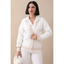 inStyle Cep Detaylı Tüylü Beyaz Triko Hırka