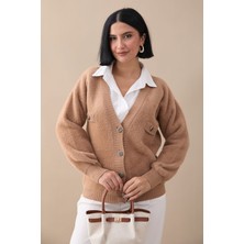 inStyle Cep Detaylı Tüylü Camel Triko Hırka