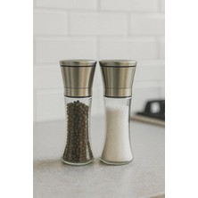 Feyza Design Cam Gövdeli Metal Krom Renk Kapaklı Tuz ve Karabiber Öğütücü