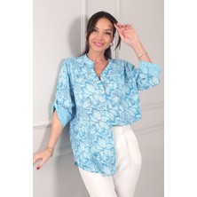 By Saygı Kadın Tek Cepli Yaprak Desenli Ithal Keten Gömlek