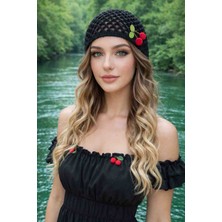 Happy Handmade Kirazlı Kroşe Şapka/siyah Şapka/siyah Bere/mesh Hat/plaj Şapkası/hediyelik