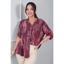 By Saygı Kadın Pul Detaylı Tek Cepli Ithal Baskı Desen Viskon Oversize Gömlek