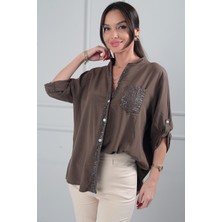 By Saygı Kadın Pul Detaylı Tek Cepli Ithal Lyocell Viskon Oversize Gömlek