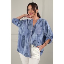 By Saygı Kadın Pul Detaylı Tek Cepli Ithal Baskı Desen Viskon Oversize Gömlek