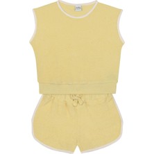 Antebies Organik Gots Sertifikalı Sarı Havlu, Beyaz Kontrastlı,bel Bağcıklı,kolsuz Bluz-Şort Kız Çocuk Takımı