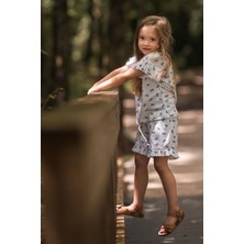 Antebies Organik Gots Sertifikalı Mavi Kurdele Jakar Fırfırlı Kısa Kollu Şortlu Kız Çocuk Pijama Takımı