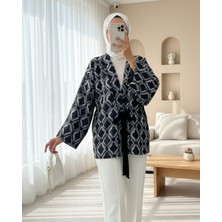 Moda Morfo Beli Bağlamalı Kare Desen Saçaklı Kimono -K.Laci