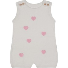 Antebies Beyaz Pembe Kalp Aplike Tahta Düğmeli Triko Kolsuz Şortlu Kız Bebek Tulum