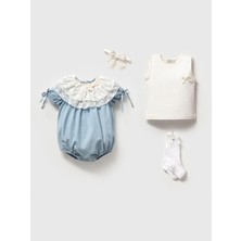 Kız Bebek Dantel Yakalı Kot Tulum ve Atlet Çorap Seti - 4'lü Bebek Takımı 3-6 Ay