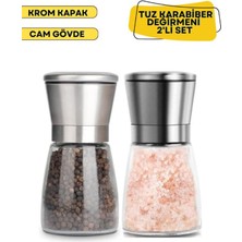 Feyza Design Krom Renk Metal Kapaklı Cam Tuz ve Karabiber Öğütücü Seti 10 Cm, 2'li