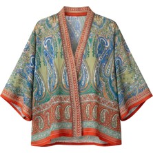 Retrobird Tasarım Boho Desen Mini Kimono Kadın Turuncu