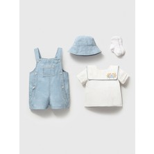 Noynoy Baby Bebek Kot Salopet Takım - Yengeç Nakışlı Denizci Yaka Tişört, Şapka ve Çoraplı 4'lü Set