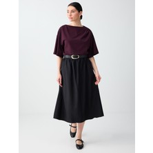 Jimmy Key Siyah Rahat Kesim Normal Bel Cep Detaylı Dokuma Midi Etek