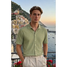 Damga Erkek Trend Polo Yaka Oversize Yeşil Keten Gömlek