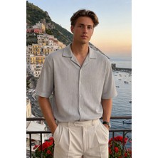 Damga Erkek Trend Polo Yaka Oversize Gri Keten Gömlek