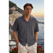 Damga Erkek Trend Polo Yaka Oversize Siyah Keten Gömlek