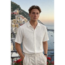 Damga Erkek Trend Polo Yaka Oversize Beyaz Keten Gömlek